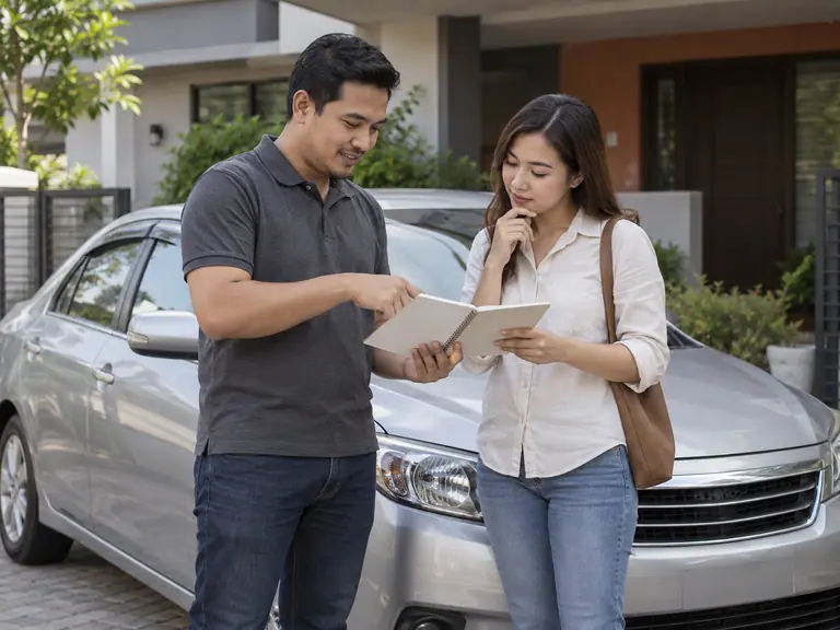 Pemilik dan penasihat menyusun fakta kos di sisi kereta — visual ilustrasi